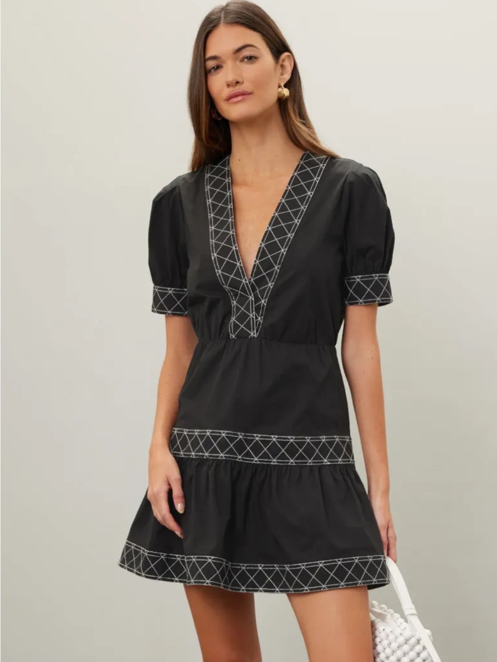 Milly Black Embroidered V-Neck Mini Dress Short Puff Sleeve Tiered Size 12